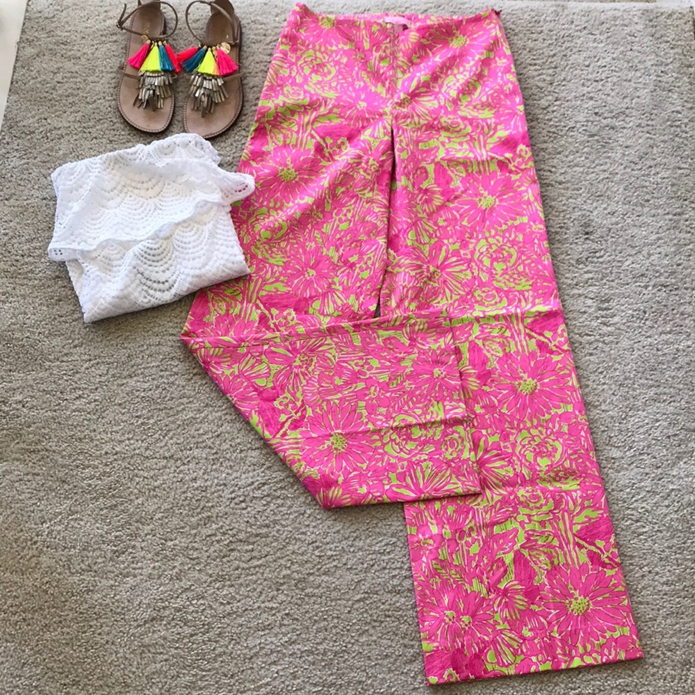 Lilly Pulitzer Hot Pink & Lime Floral Wide Leg Pants